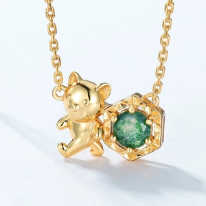 S925 sterling silver necklace with a cute gold bear and green moss stone pendant