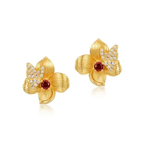 925 Sterling Silver Garnet Flower Butterfly Stud Earrings For Women 10K Gold Plated Rhinestone Elegant Floral Jewelry Gift