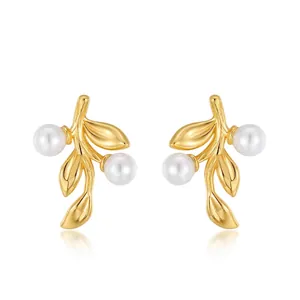 Leaf Branch Shell Artificial Pearl Stud Earrings 10K Gold Plated With 925 Sterling Silver Earring Post Minimalist Jewelry For Women