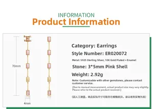 Macro detail of S925 silver gold-plated long earrings with pink shell and fine stones