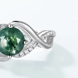Elegant S925 silver wavy ring with round green moss agate and sparkling zircon inlay