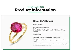 Detailed specs for S925 silver ring with 8.5x9.5mm red corundum stone and gold plating