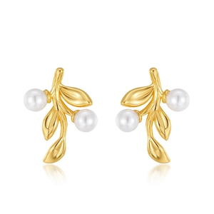 Elegant gold leaf S925 sterling silver stud earrings with round white pearls for women