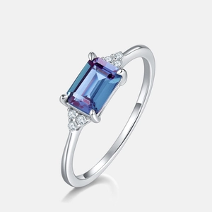 Elegant 925 sterling silver alexandrite ring with emerald cut gemstone and side stones