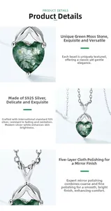 Détail macro du pendentif cœur en agate mousse verte avec monture en argent S925 poli