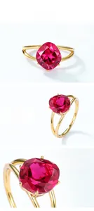 Detailed views of gold plated ring featuring a large square cut red corundum stone