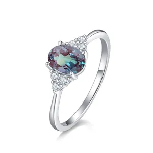 Elegant 925 Sterling Silver Alexandrite Ring Oval Egg Shaped Gemstone Rhinestone Inlaid White Gold Plated Fashion Women Ring