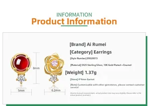Detail view of S925 silver rose stud earrings with garnet and zircon dimensions