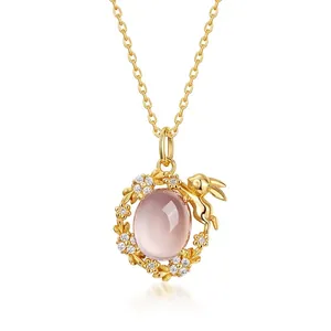 925 Sterling Silver Necklace Natural Rose Quartz Rabbit Pendant Rhinestone Inlaid Gold Plated Flower Clavicle Chain For Women