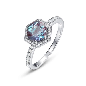 Minimalist S925 silver ring with color-changing stone and hexagonal halo in a 45-degree view