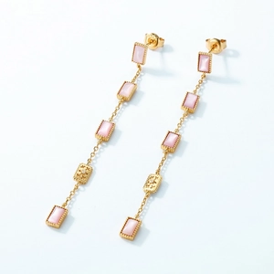 Elegant long S925 sterling silver gold-plated drop earrings with pink shell geometric dangles