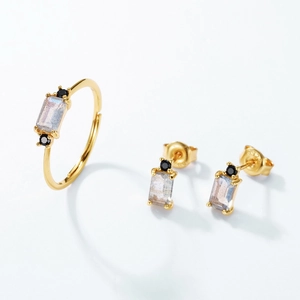 Minimalist S925 silver gold plated jewelry set with labradorite ring and stud earrings