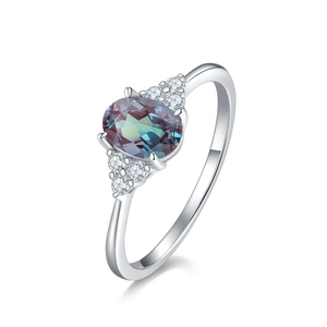 Elegant S925 sterling silver ring with oval alexandrite stone and side zircon accents
