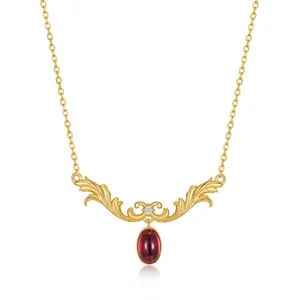 S925 Sterling Silver Gold Plated Natural Garnet Pendant Only Without Chain Retro Baroque Court Style Zirconia Jewelry