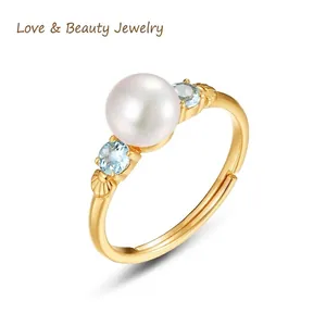 French Vintage S925 Sterling Silver 10K Gold Plated Natural Artificial Pearl Blue Topaz Ring Adjustable Open Jewelry For Women Gift