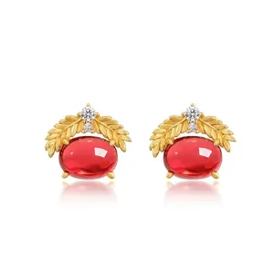 Boucles d'Oreilles Clous en Grenat Épi de Blé Vintage Français Argent Sterling 925 Électroplaqué Or Strass Feuille Femme Bijoux