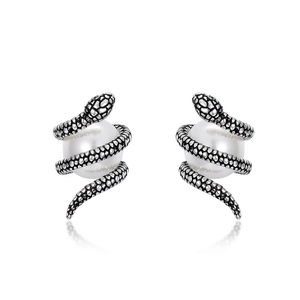 Boucles d'oreilles serpent en argent S925 avec perle blanche et yeux en gemme verte