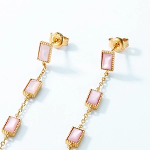Detailed close-up of S925 hallmark on gold plated pink shell geometric long earrings