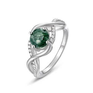 Luxe 925 Sterling Silver Wave Geometric Open Ring Green Moss Agate Round Stone Rhinestone Inlaid Ring For Women Fashion Jewelry