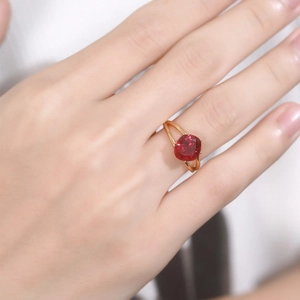 Minimalist S925 silver ring with large cushion cut red stone on split gold band