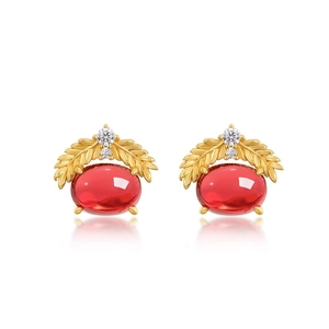 Boucles d'oreilles élégantes en argent S925 avec grenat rouge et détails de feuilles