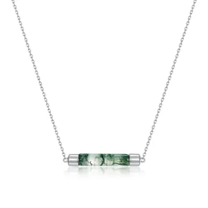 925 Sterling Silver Moss Agate Necklace Minimalist Geometric Cylinder Pendant Necklaces For Women Natural Stone Jewelry