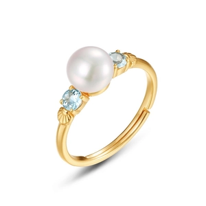 Elegant gold-plated S925 silver ring with a white pearl and blue topaz stones