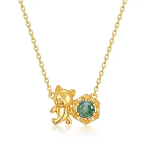 925 Sterling Silver Bear Pendant Necklace Gold Plated Moss Agate Hexagon Clavicle Chain Jewelry For Women Fashion Accessory