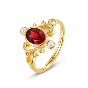 Retro Court Style 925 Sterling Silver Ring For Women Gold Plated Oval Red Garnet And Artificial Pearl Filigree Adjustable Band