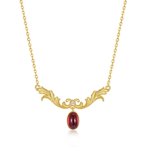 Vintage S925 silver gold-plated necklace with garnet pendant and baroque floral engravings