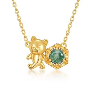 S925 sterling silver bear necklace with hexagonal green moss agate stone pendant