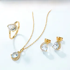 Close-up of S925 silver stamp on gold plated water drop blue gemstone jewelry set
