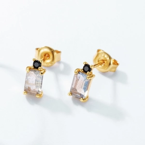 S925 silver gold-plated rectangular labradorite stud earrings with black zircon accents