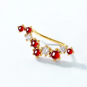 Elegant 925 sterling silver curved ear cuff with red garnets and white zircons