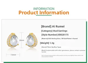Detailed specs of S925 silver pear cut topaz earrings measuring 7.5x10mm in gold finish