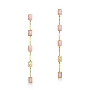 S925 Sterling Silver Gold Plated Pink Shell Geometric Long Drop Earrings Light Luxury Tassel Zirconia Dangle Earrings For Women