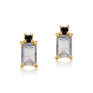 Minimalist S925 silver gold plated earrings with rectangular labradorite and black gem