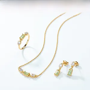 Detail view of S925 silver jewelry set featuring green rectangular gemstone pendants