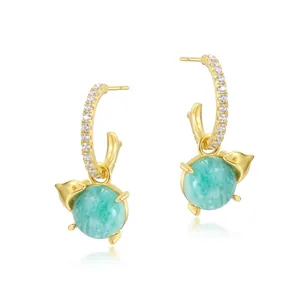 925 Sterling Silver Dolphin Stud Earrings With Amazonite Rhinestone 10K Gold Plated Fashion Cute Jewelry For Women