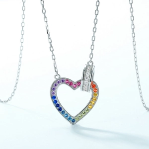 S925 sterling silver heart necklace featuring vibrant rainbow zircons and a small diamond loop