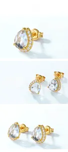 Close-up of S925 silver hallmark on gold-plated teardrop topaz stud earrings