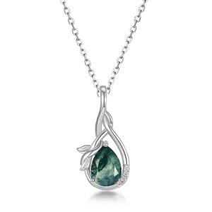 925 Sterling Silver Water Drop Moss Agate Pendant Necklace Natural Green Stone Vine Leaf Design Rhinestone Jewelry For Women