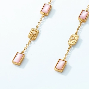 Elegant 2024 geometric long drop earrings with pink shell insets and S925 gold plating