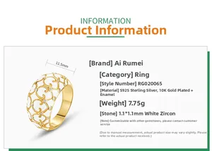 Detail view of gold-plated S925 silver ring with white enamel floral patterns and zircons