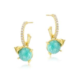 Elegant gold S925 silver C-shaped hoop earrings with amazonite dolphin pendants and crystals