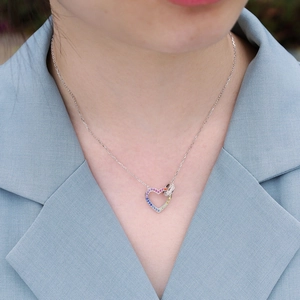 S925 sterling silver heart necklace with gradient rainbow cubic zirconia pendant for women
