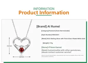 Détails techniques du pendentif cœur en argent S925 serti d'un grenat rouge de 4mm
