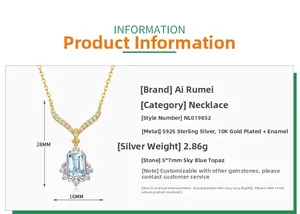 Detailed view of S925 silver 10K gold-plated pendant with sky blue topaz and dimensions
