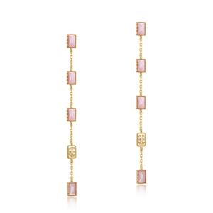 Elegant gold drop earrings featuring pink shell inlay and geometric filigree design