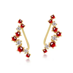 Elegant 925 Sterling Silver Natural Garnet Stud Earrings 10K Gold Plated Curved Ear Climbers Fashion Women Jewelry Gift